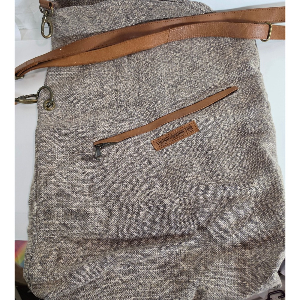 Vintage Addiction Gray Jute Leather Foldover Crossbody Messenger Bag‎ Boho